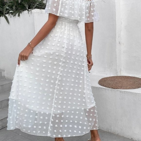White Boho Womens Swiss Dot Off Shoulder Ruffle Trim Split Thigh Dress - Picture 5 of 5